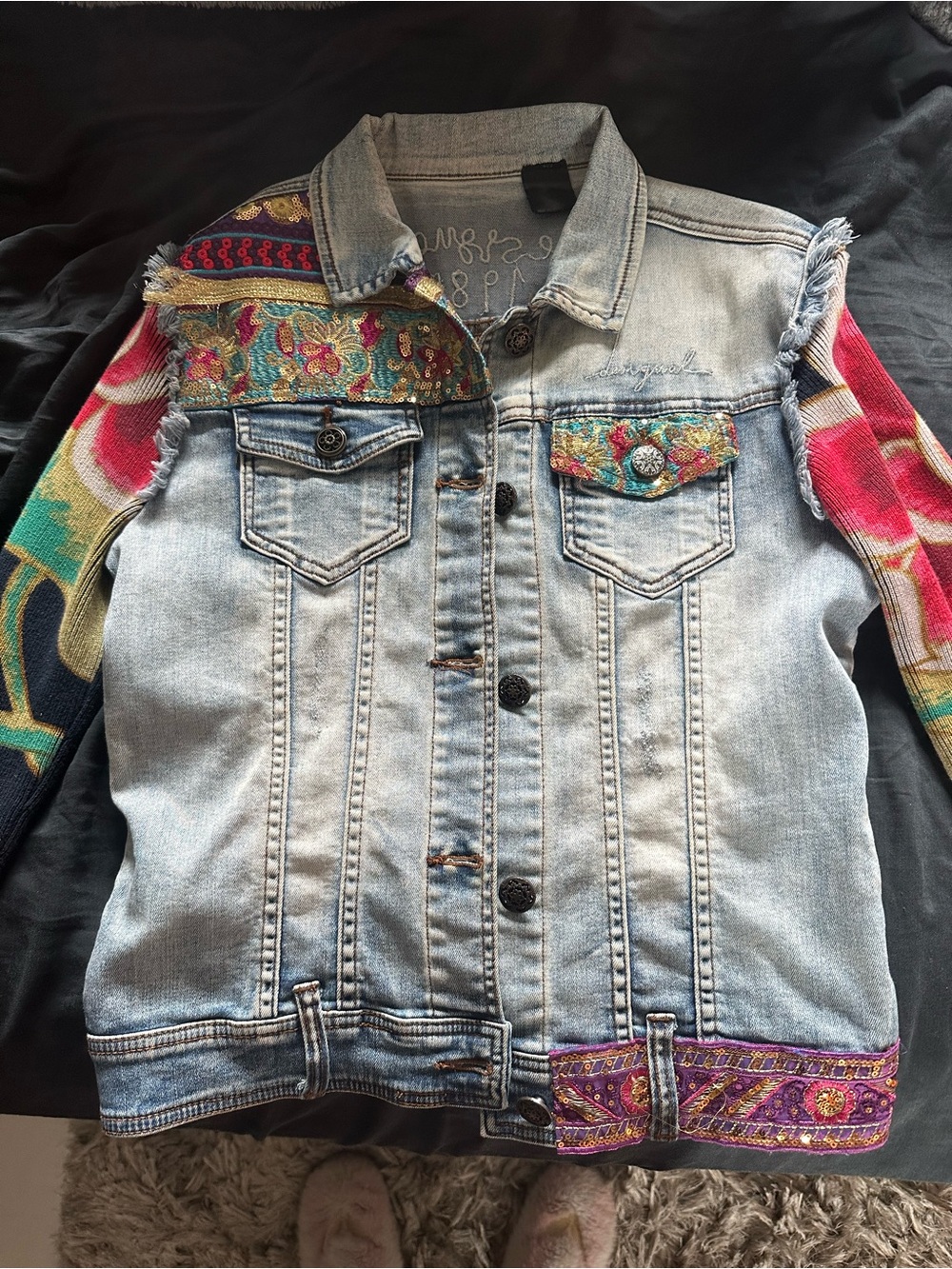 Desigual Light Blue Denim Jacket with Multicolor Embroidered Accents